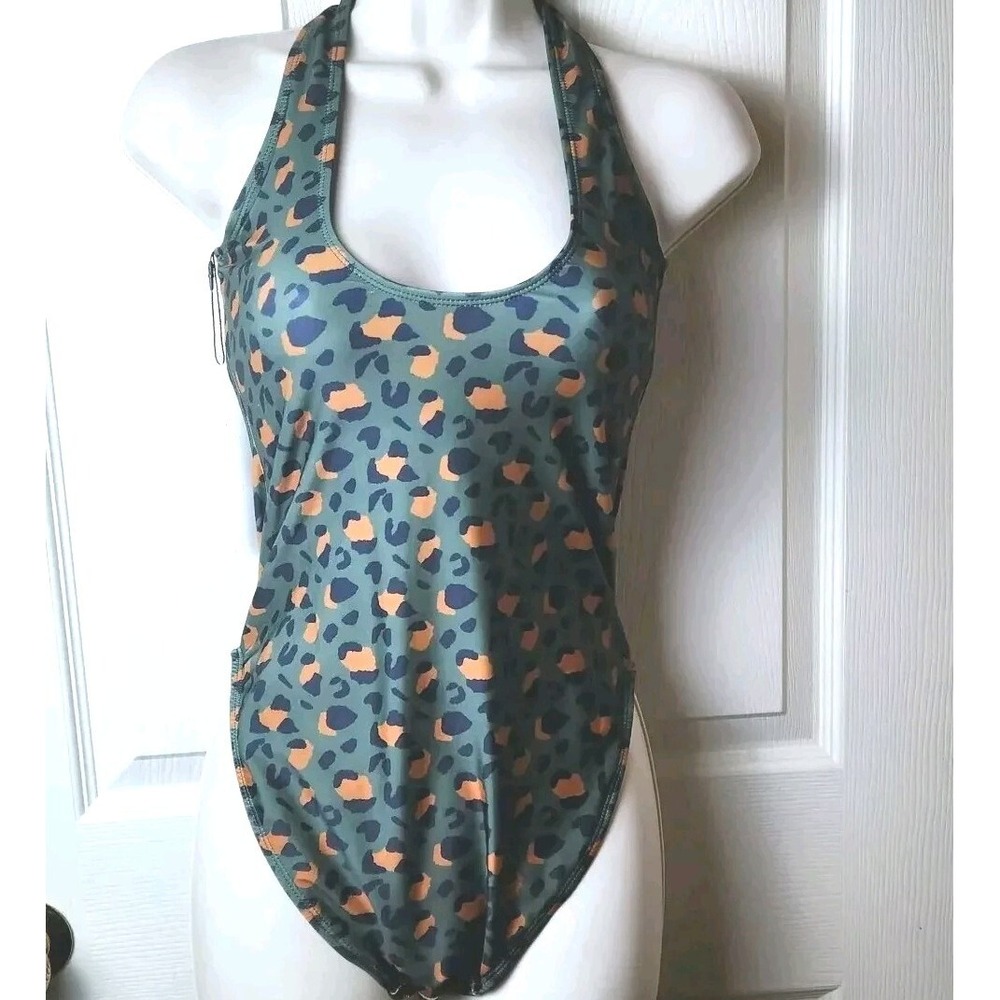 Nicole Miller Swimsuit Womens Small Green Leopard Print Scoop Back  $120 NWT NEW
